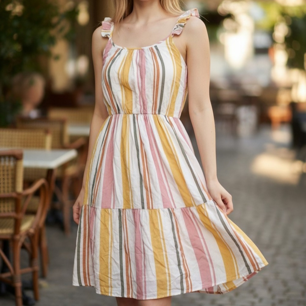 Absolutely Famous Women Striped Ruffle Strap Tiered Midi Dress Size Large - Picture 1 of 4